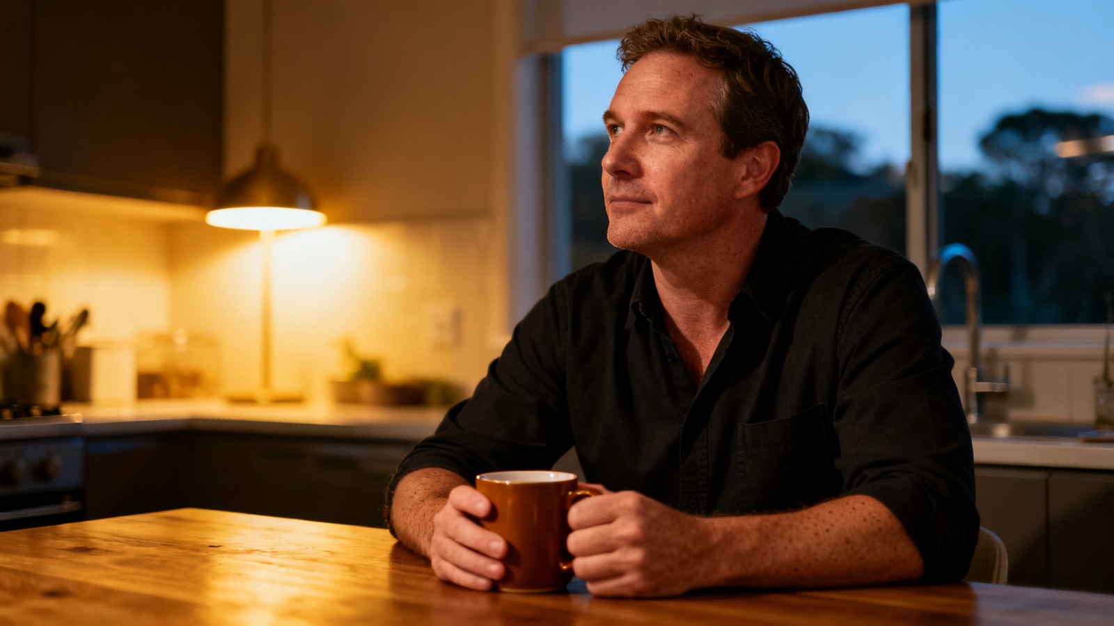An Australian trade business owner at the kitchen table at night with a coffee, thinking