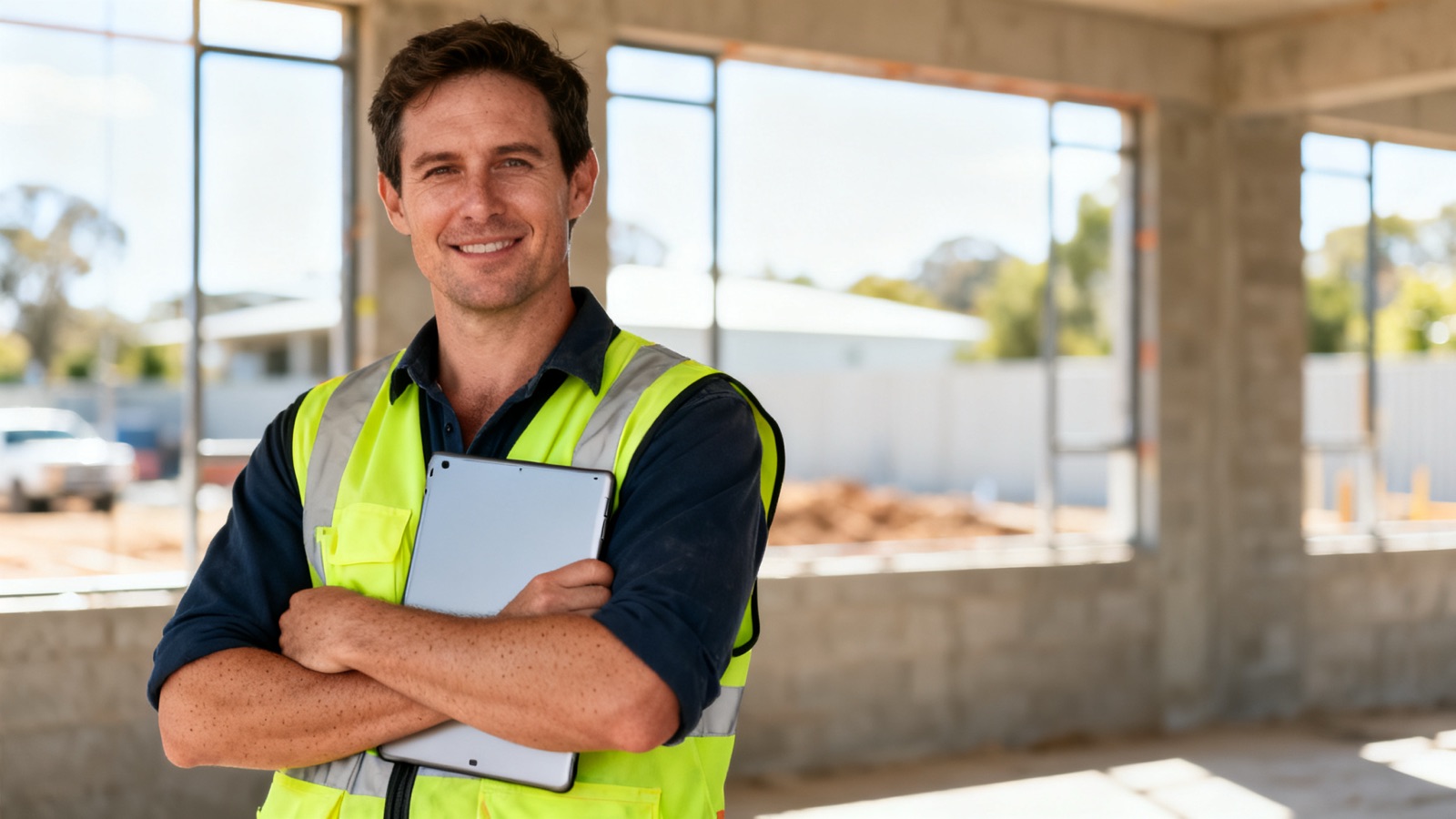 An Australian tradie on site holding a tablet under one arm