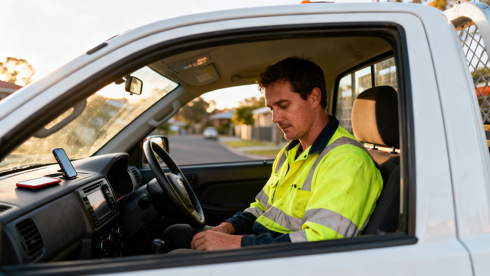 A tradesperson in the cab of a work ute about to drive to a job