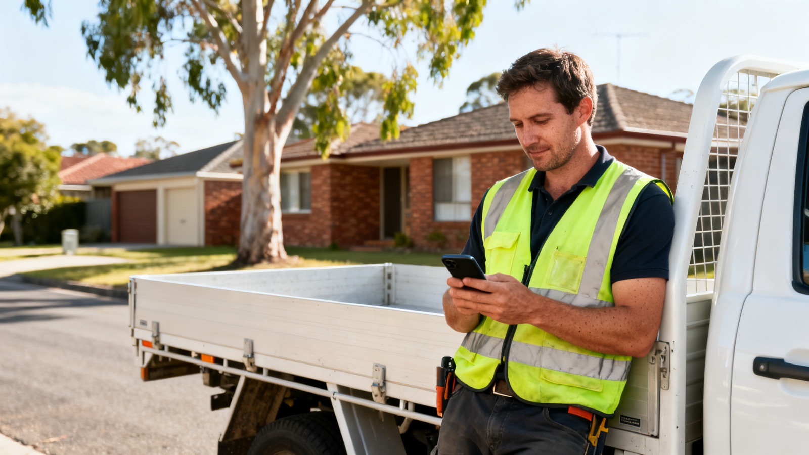 An Australian tradesperson wearing a hi-vis vest sitting in the cab of a white ute reading a text message on a smartphone, sunny suburban street with brick houses