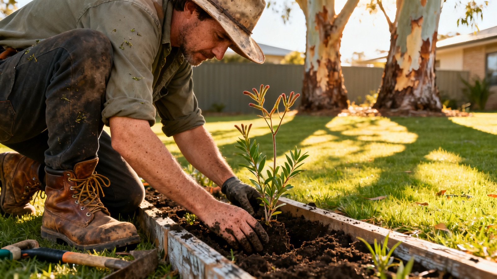A landscaper planting native shrubs in an Australian suburban front garden