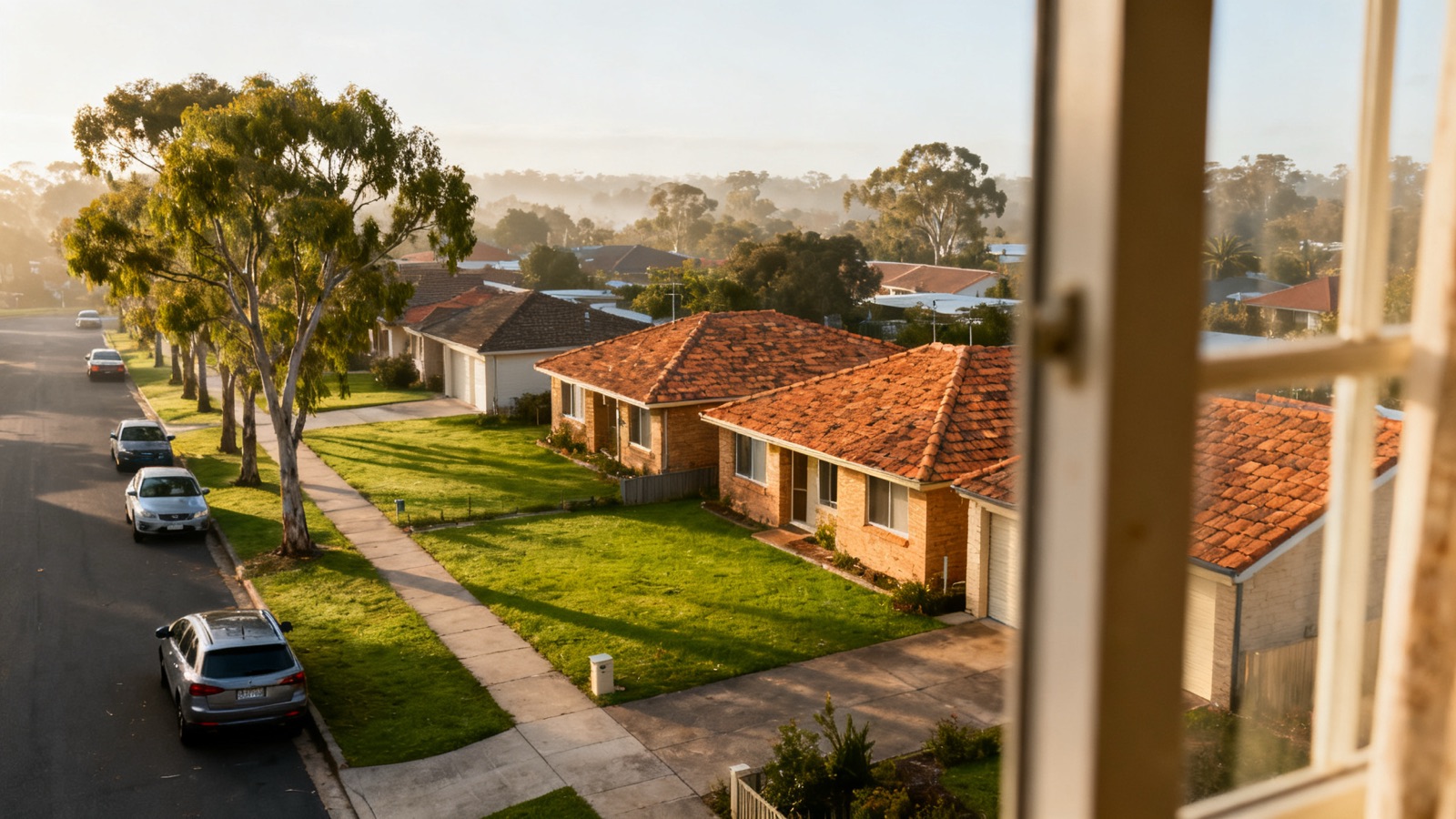 Australian suburban street with terracotta-roofed houses