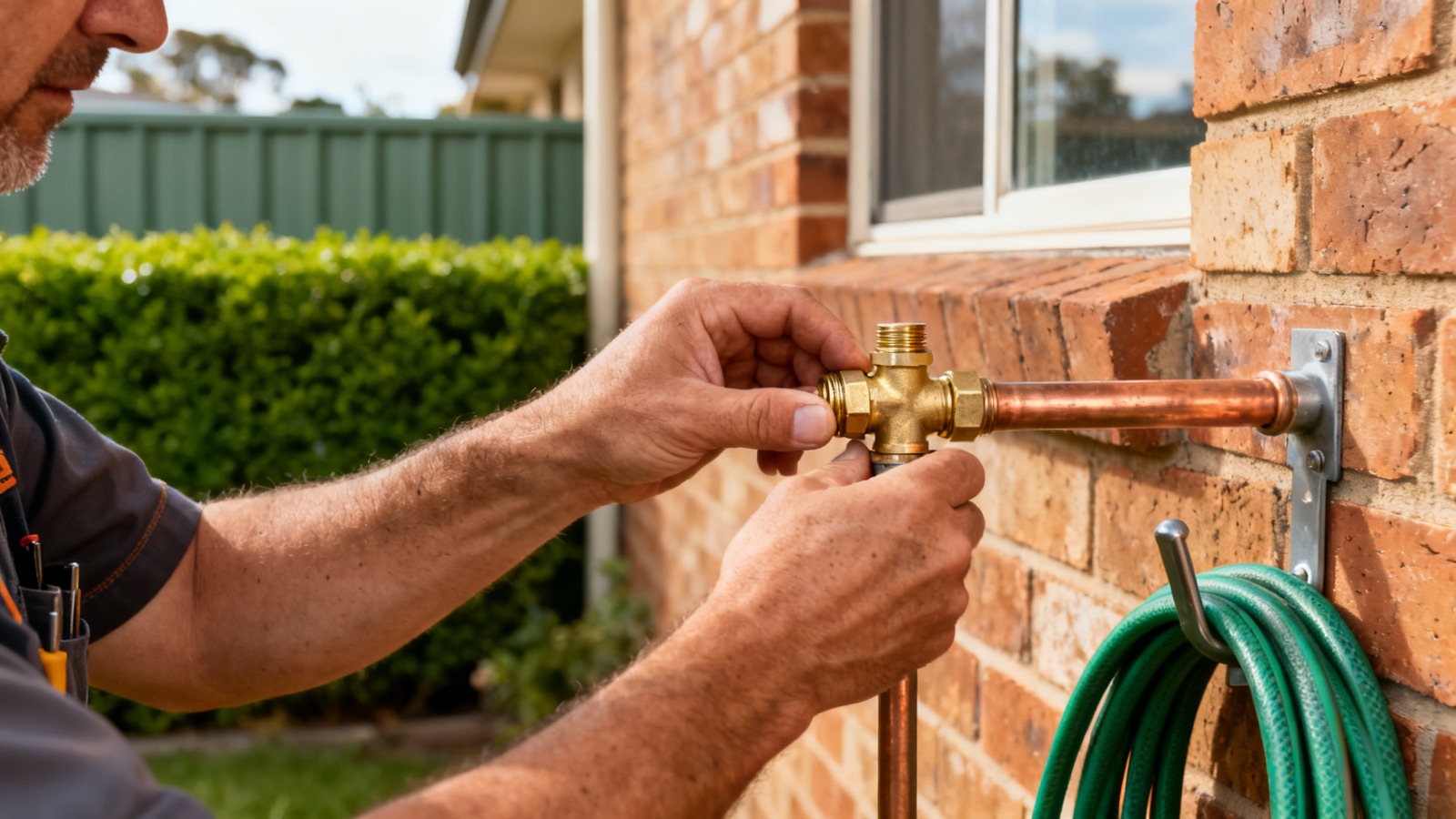 Plumber tightening a brass fitting on copper pipe on an Australian home exterior