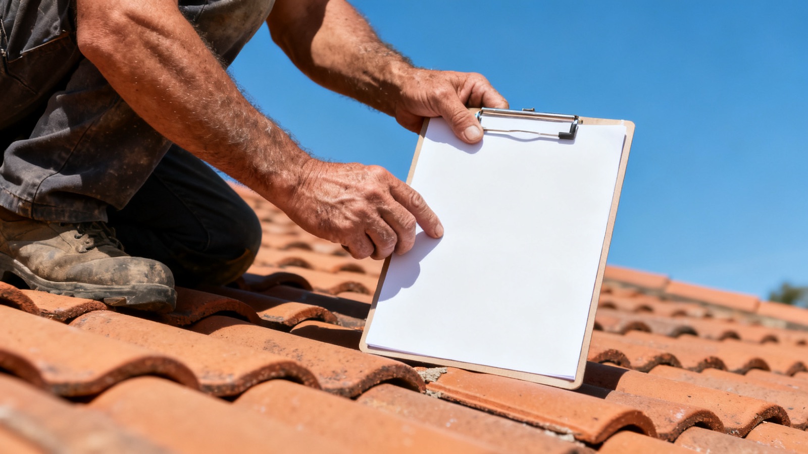 A tradesperson holding a blank clipboard on a rooftop under a clear sky