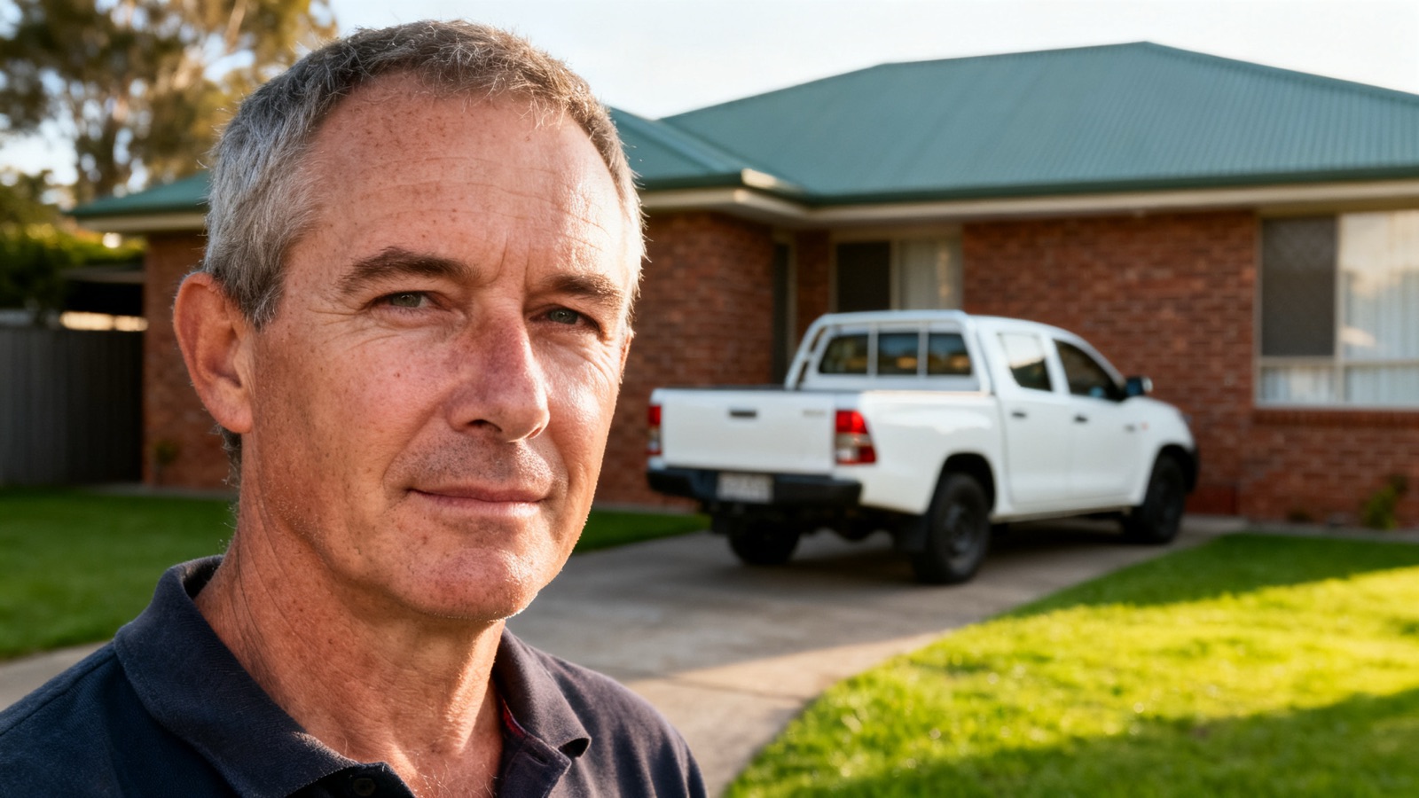 A plain white ute parked in the driveway of an Australian home with a colorbond roof