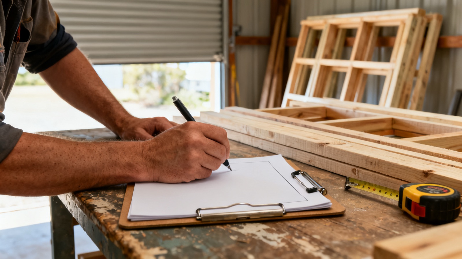A builder preparing a quote at a workbench with timber materials