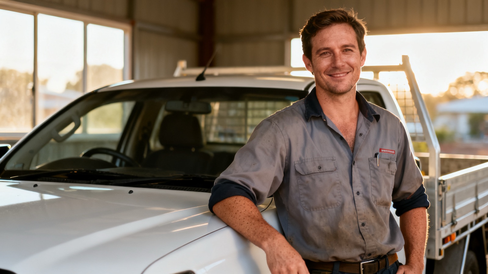 An Australian tradesperson leaning against a white ute in a shed