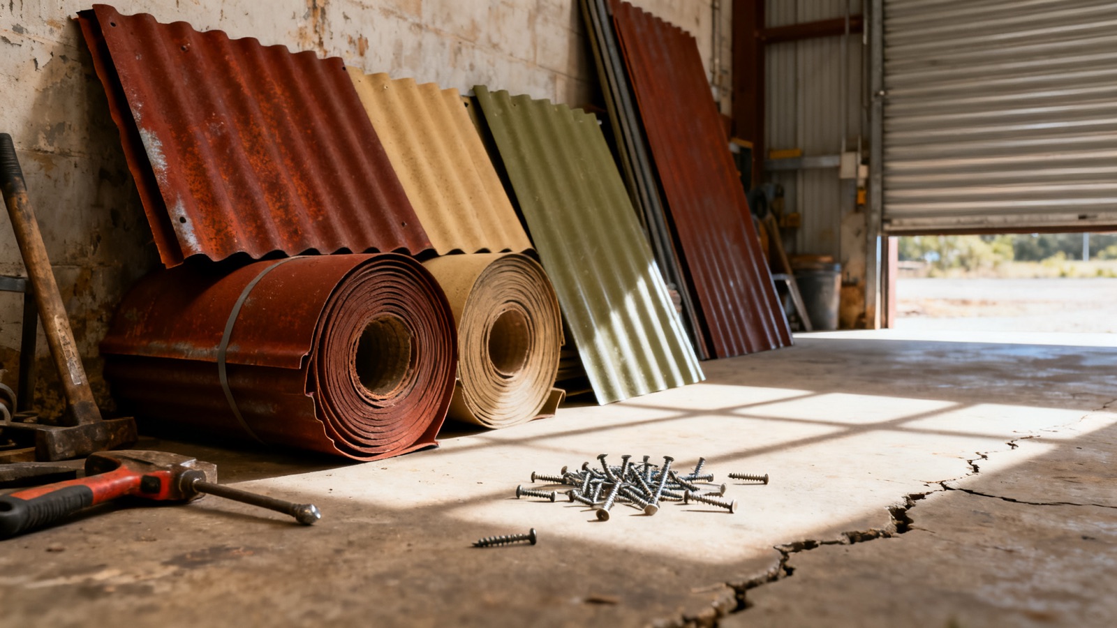 Colorbond roofing materials stacked in a warehouse ready for a job