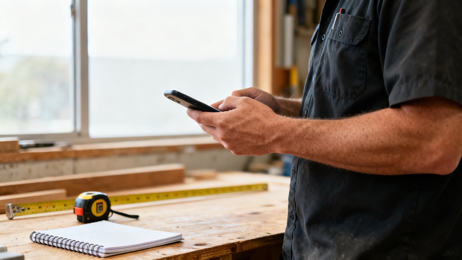 A tradesperson at a workbench holding a phone angled away, tape measure and notepad beside them