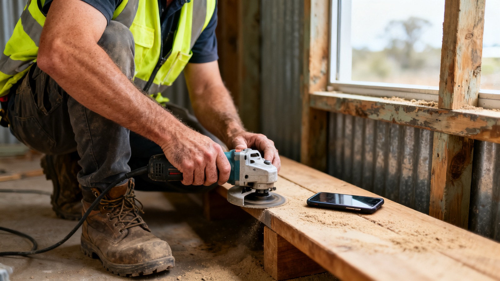 An Australian tradie in high-vis standing beside a plain white work ute in a suburban street, checking a phone held to their ear