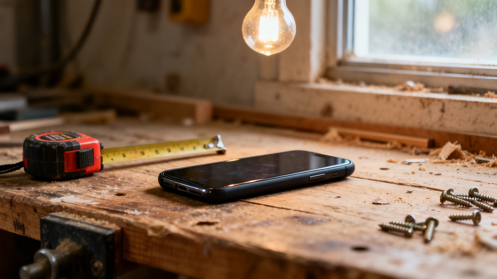 A smartphone face-down on a workshop bench beside a tape measure