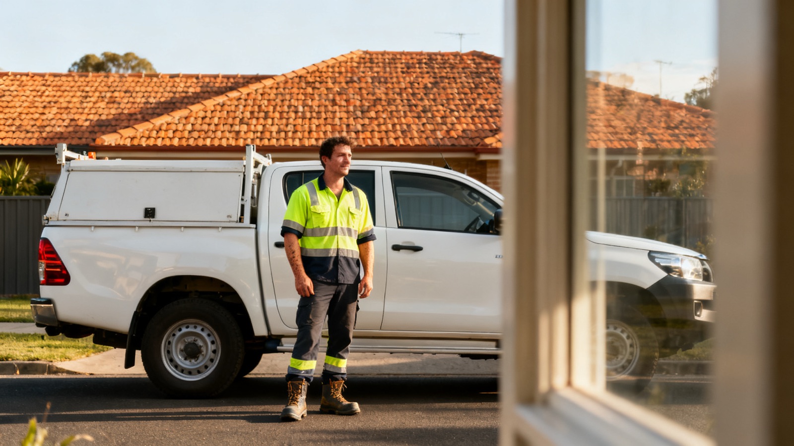 A tradesperson standing beside a plain white ute on an Australian suburban street