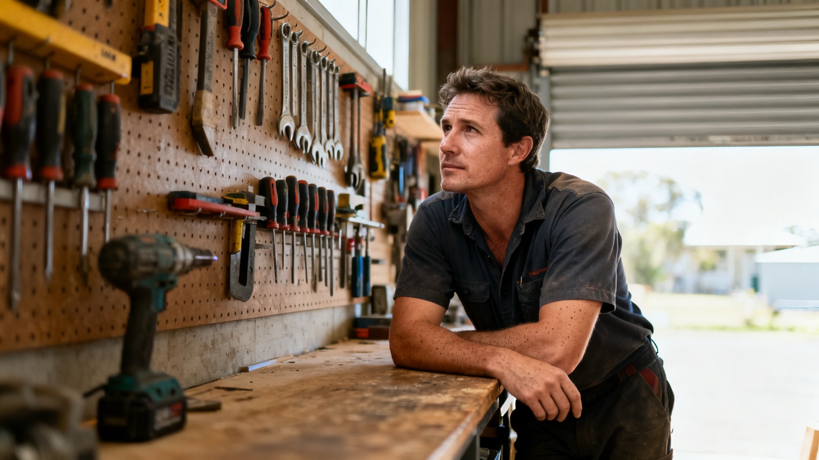 A tradesperson leaning against a workbench in an Australian workshop