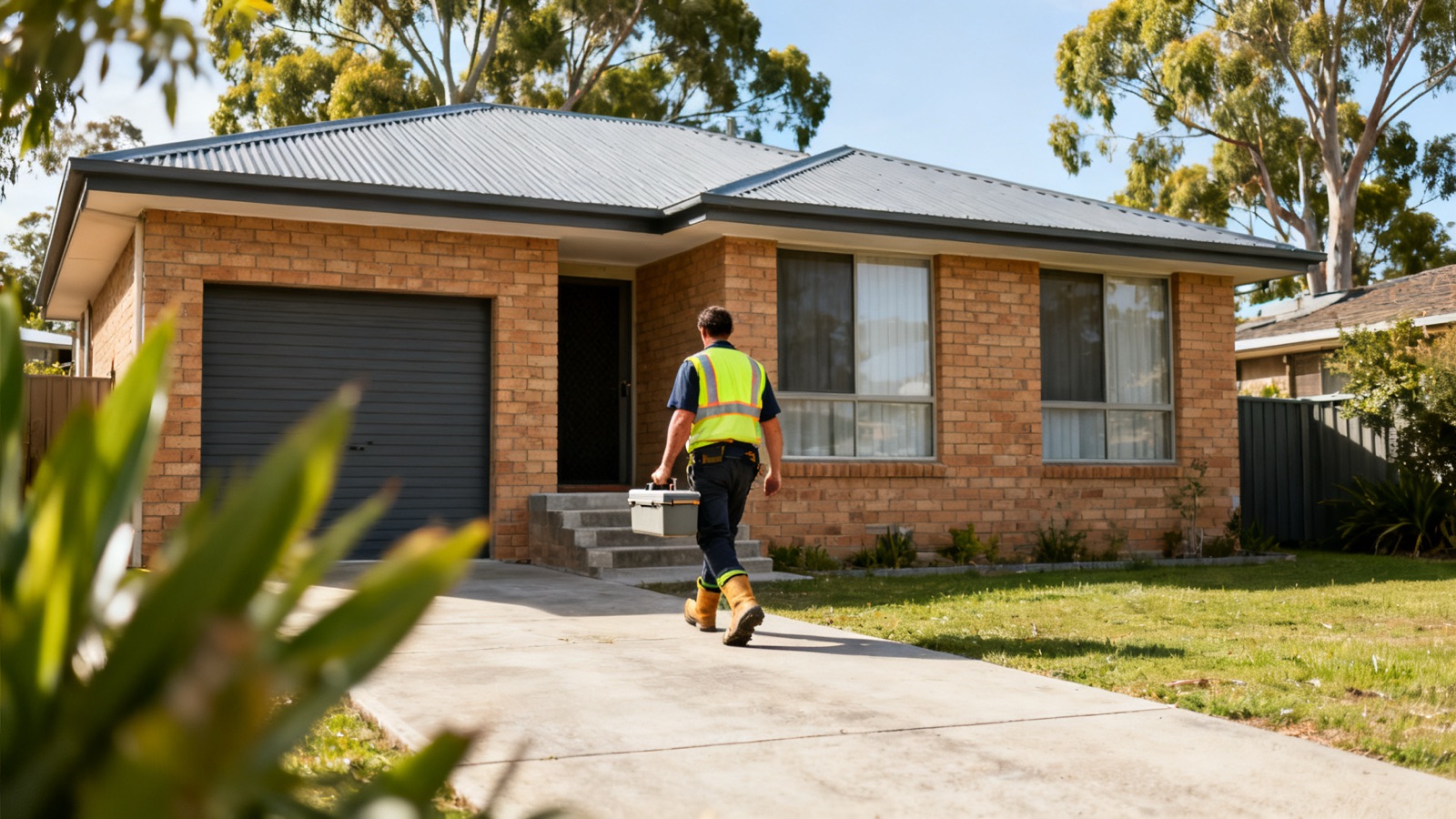 A tradesperson walking up a driveway to a brick veneer Australian home