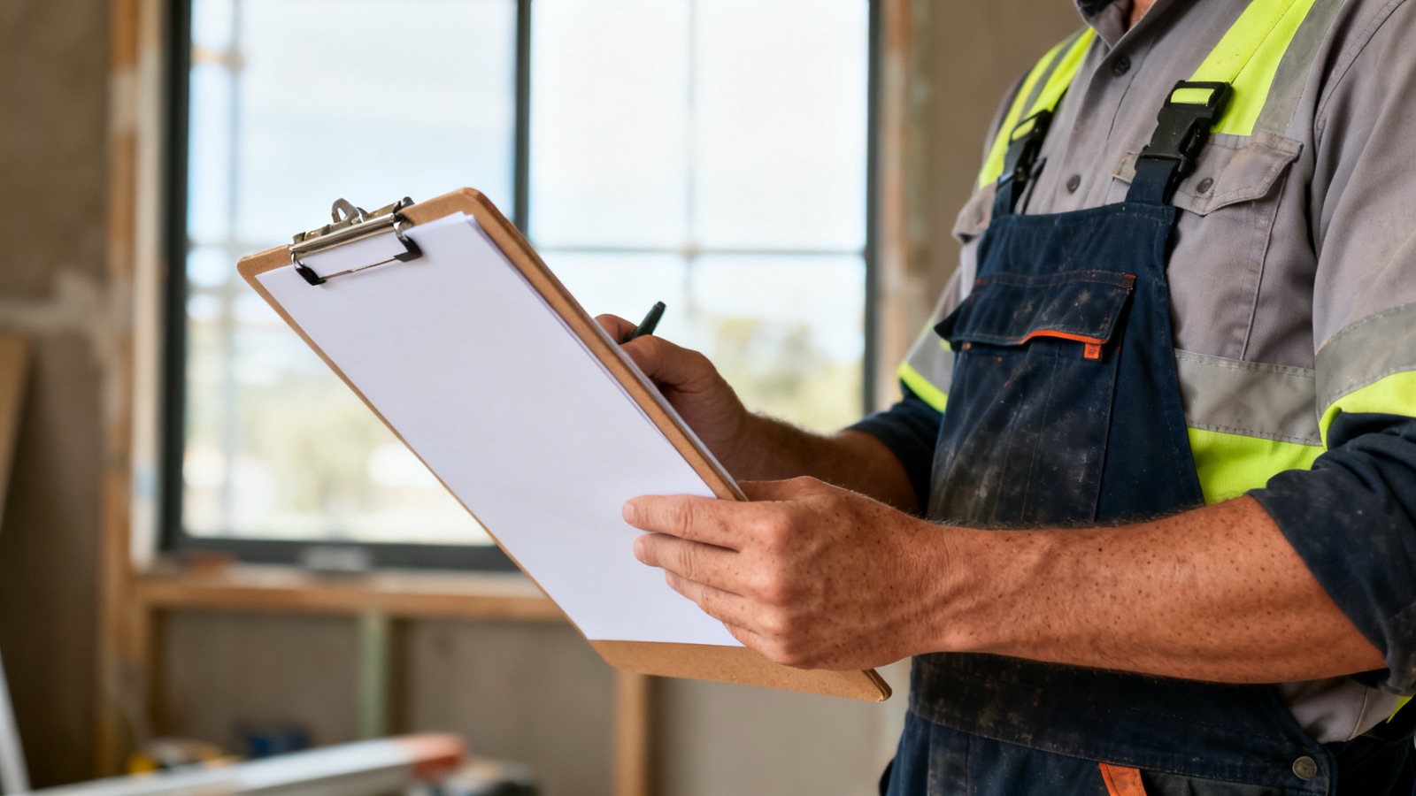 A tradesperson in hi-vis holding a blank clipboard, reviewing paperwork on a construction site